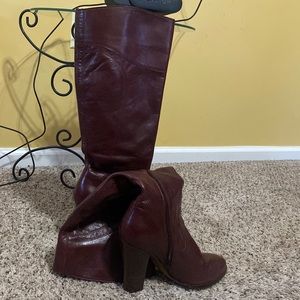 Audrey Brooke calf high wine semi block heel boots